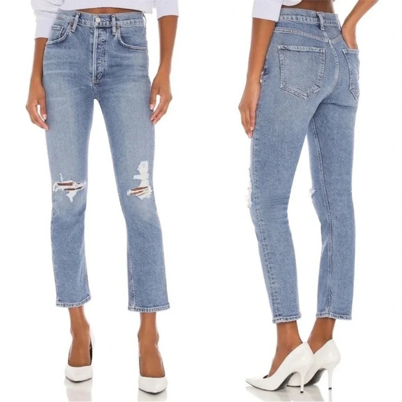 AGOLDE Riley High Rise Straight Leg Jeans in Whiplash Blue Denim Size 26 - Picture 1 of 10